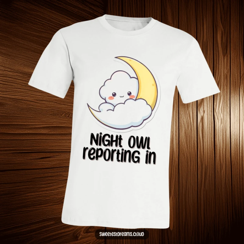 Funny t-shirt with a cloud character playfully peeking from behind a crescent moon, adding a touch of nighttime magic.