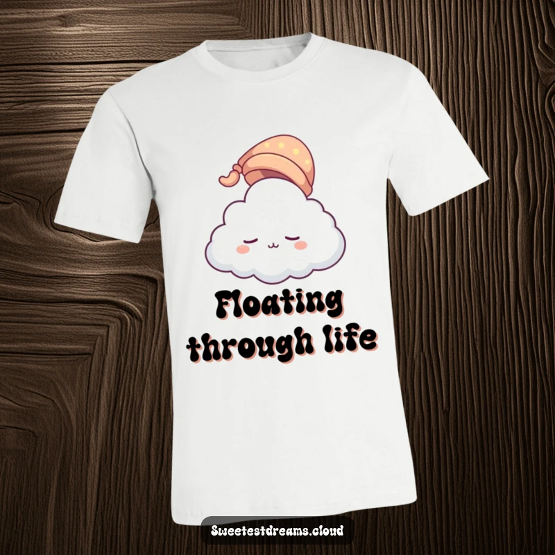 Funny cloud character t-shirt wearing a tiny sleeping cap, floating gently. A humorous garment for promoting comfort and peaceful dreams.
