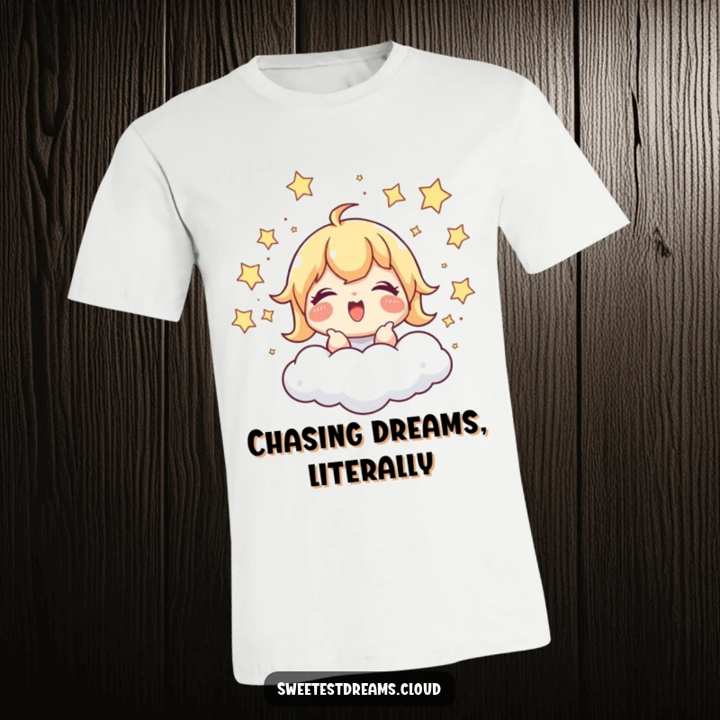 Funny T-Shirt: A character giggles with delight while playfully chasing shimmering stars around a cloud, embodying pure fun.