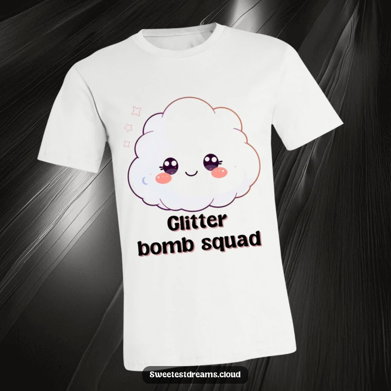Funny t-shirt depicting a cute, fluffy cloud character with wide, joyful eyes, blowing shimmering glitter, creating a magical spectacle.