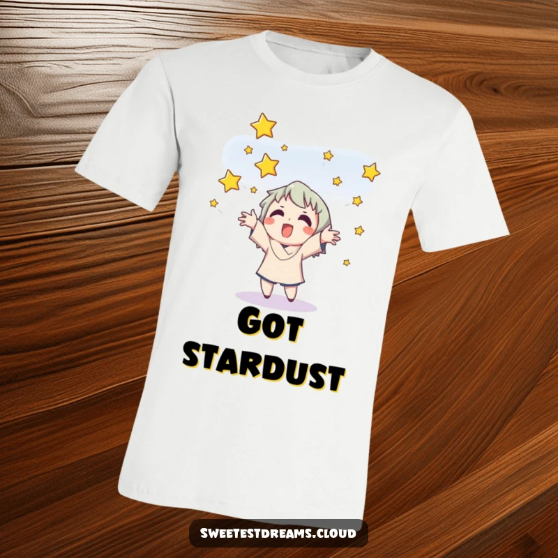 Funny t-shirt showcasing a happy character in the act of catching falling, sparkling stars with outstretched arms.