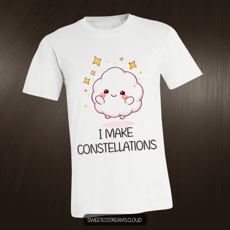 Funny T-Shirt showing a happy cloud character playfully tossing sparkly stars, embodying celestial wonder and fun.