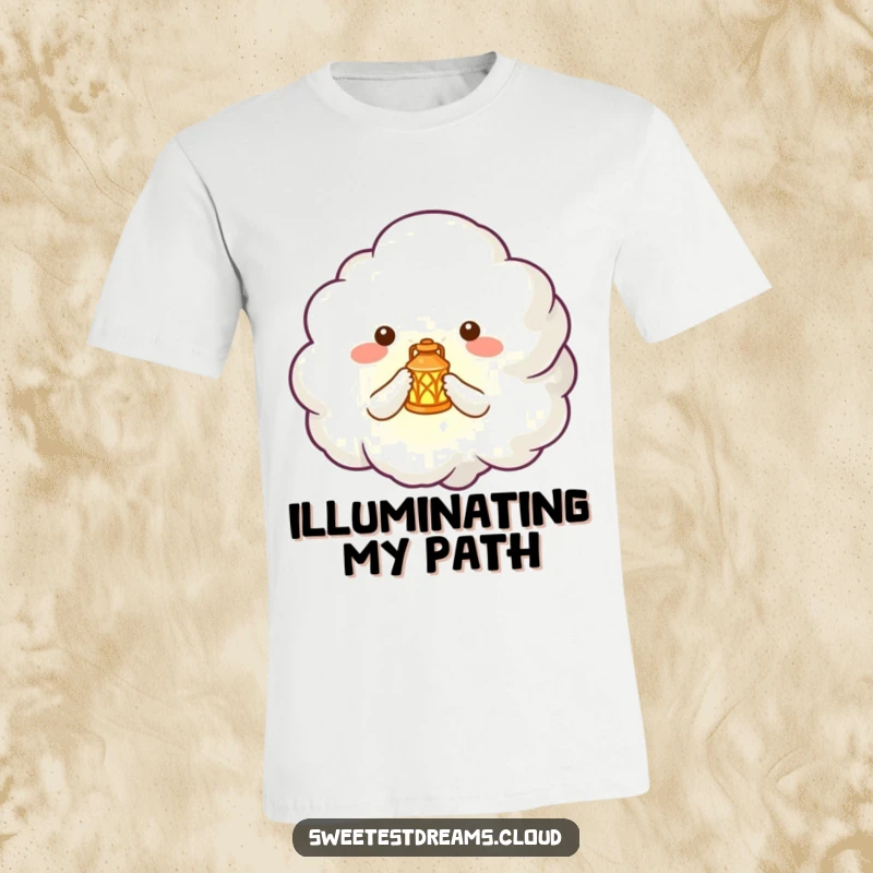 Funny t-shirt showing a cute cloud creature holding a small, luminous lantern, radiating pure curiosity and wonder.