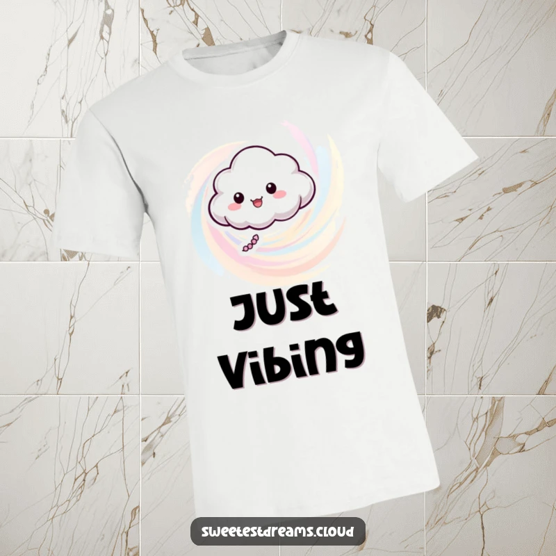 Funny t-shirt showcasing a happy cloud character suspended in a colorful, pastel-hued swirl, perfect for lighthearted fun.