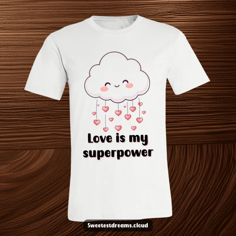 Funny t-shirt with a cute cloud character showering tiny, shimmering hearts, evoking feelings of love and happiness.