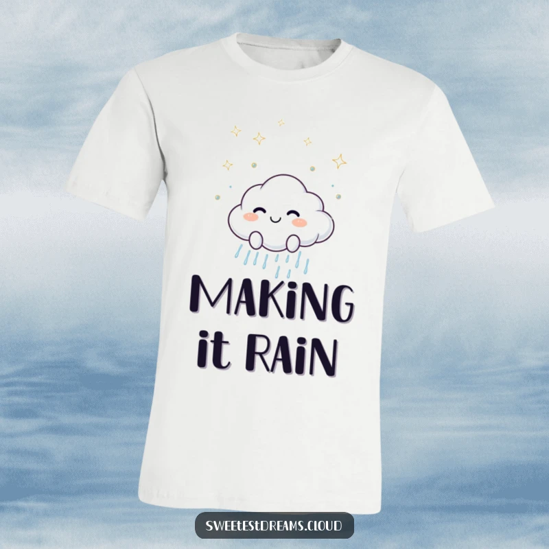 Funny t-shirt showcasing a cheerful cloud character scattering sparkling raindrops with a genuine smile, spreading happiness.