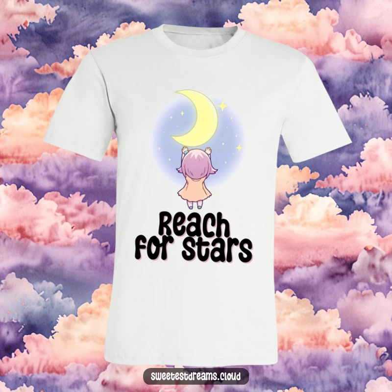 Funny T-Shirt: A character playfully reaches for a giant, twinkling crescent moon, embodying ambition and a funny pursuit.