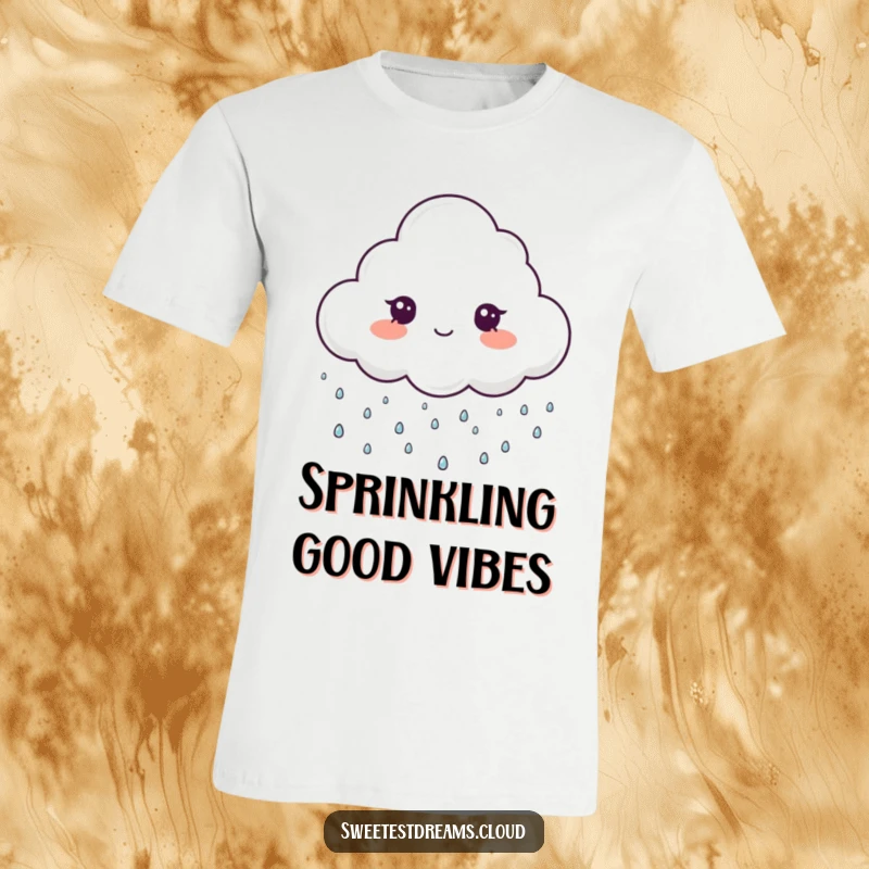 Funny t-shirt featuring a cheerful cloud character gently raining tiny, sparkling drops, radiating whimsical happiness and playful humor.