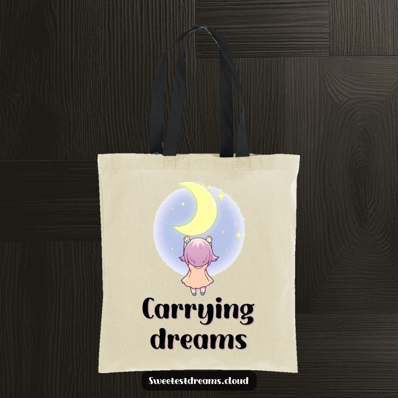 Funny Tote Bag featuring a character reaching for a glowing, twinkling crescent moon, perfect for carrying dreams and essentials.