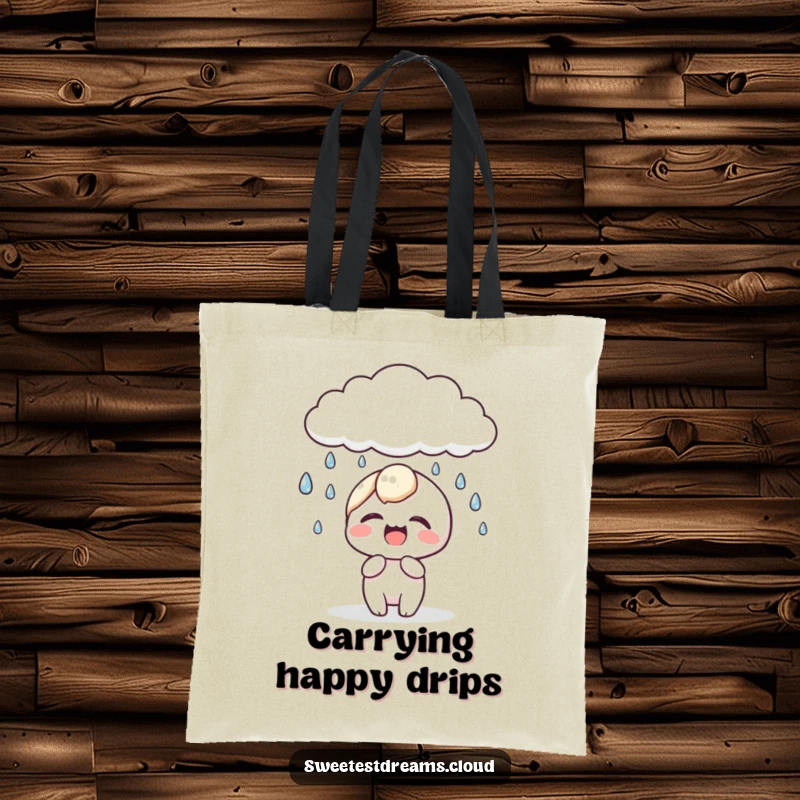 Funny kawaii character tote bag showing a cute character giggling as sparkling dewdrops fall from a whimsical cloud.