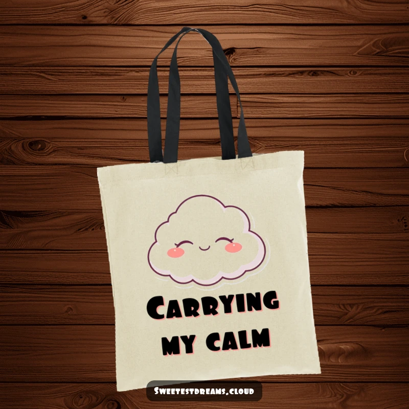 Funny tote bag featuring a serenely floating cloud character with closed, happy eyes.