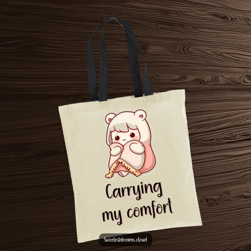 Funny kawaii character tote bag featuring a cute character holding a fluffy warm blanket, radiating cozy vibes.