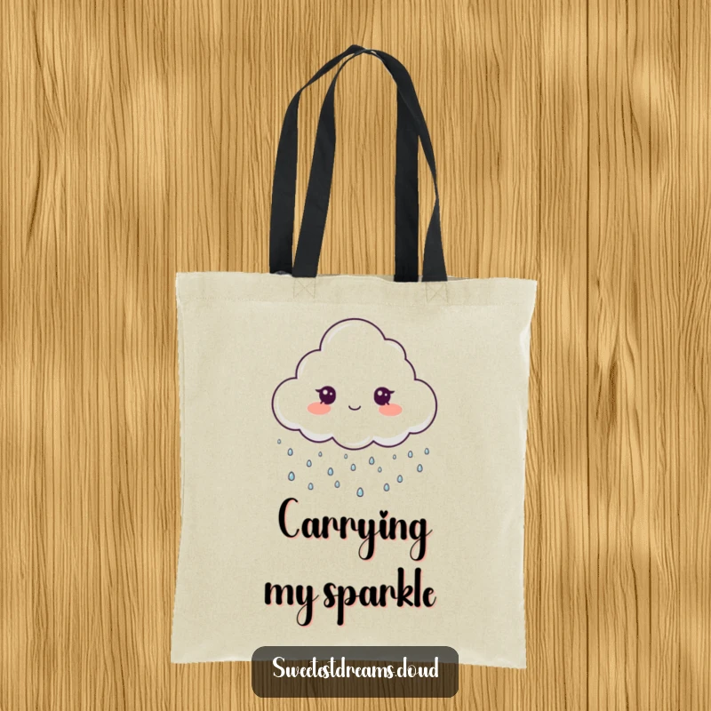 Funny tote bag featuring a cloud character gently raining tiny, sparkling drops, perfect for carrying items with humorous magic.