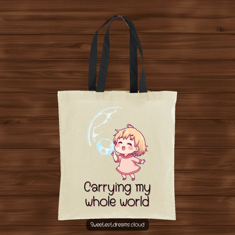 Funny tote bag featuring a character blowing a large bubble reflecting dreams, perfect for carrying everyday items with a smile.