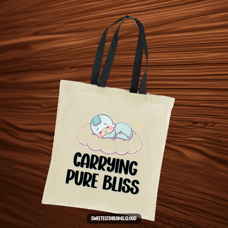 Funny Tote Bag: A character sleeps peacefully on a cloud, smiling, perfect for carrying items with a touch of serene humor.