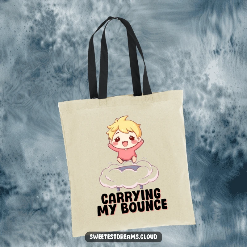 Funny Tote Bag: Character joyfully trampolining on a cloud, a whimsical and funny accessory for daily use.