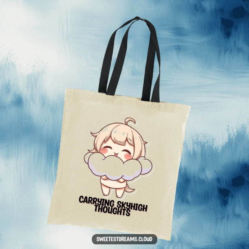 Funny Tote Bag showcasing a giggling character blowing soft, fluffy cloud shapes, ideal for an everyday stylish accessory.