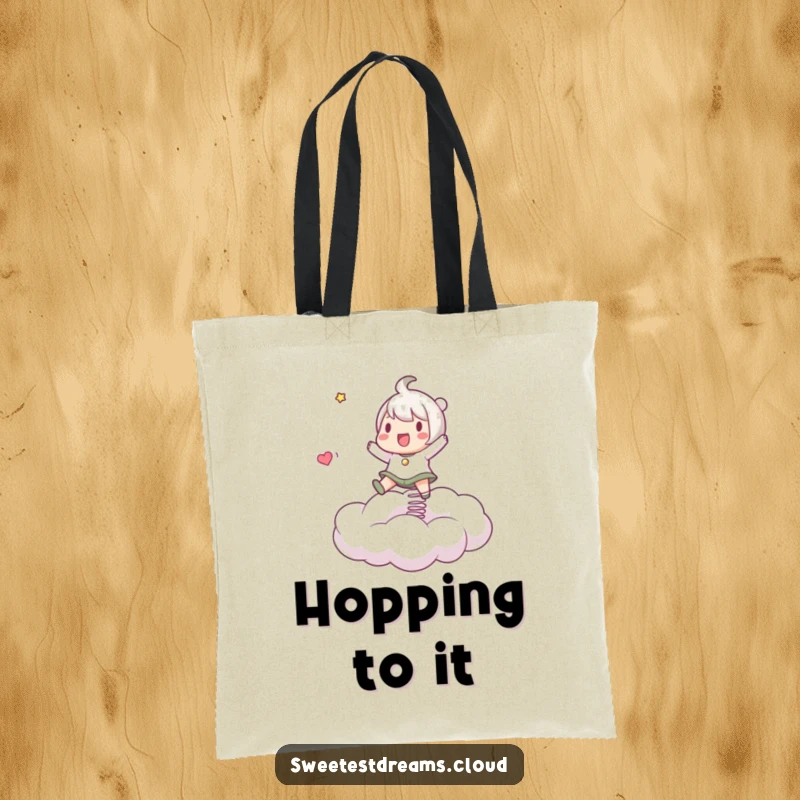 Funny Tote Bag showcasing an energetic character joyfully bouncing on a springy cloud, perfect for everyday errands.