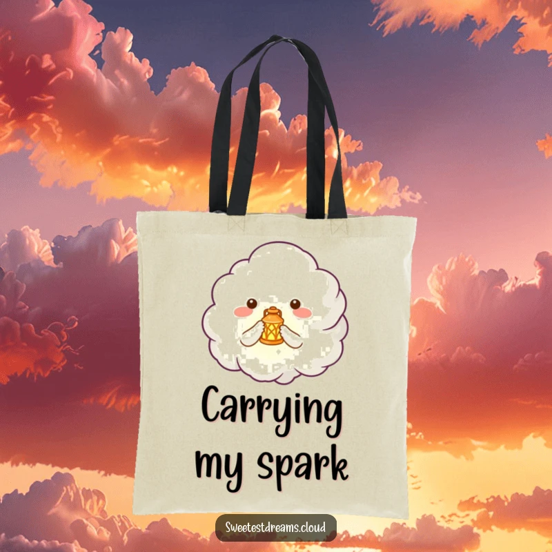 Funny tote bag with a cute cloud creature holding a tiny, glowing lantern, symbolizing curiosity and exploration.