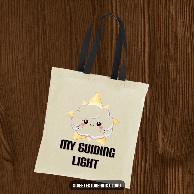 Funny tote bag with a cloud character peeking from behind a large, shimmering star, embodying a sense of wonder and style.