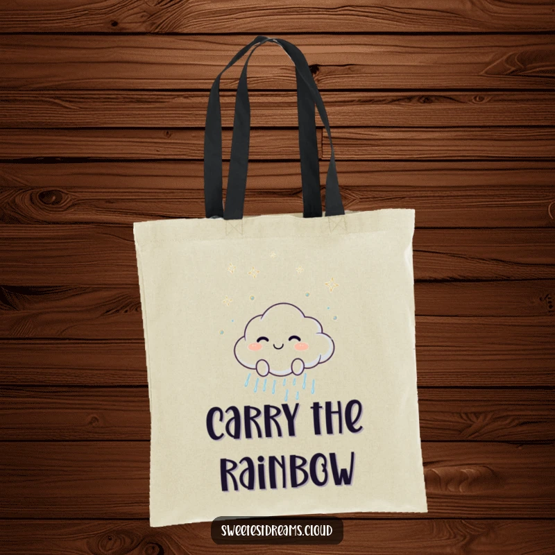 Funny tote bag with a smiling cloud character scattering gentle, sparkling raindrops, perfect for adding cheer to daily tasks.