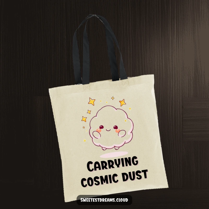 Funny Tote Bag with a cloud character playfully tossing sparkly stars, perfect for carrying items with magical flair.