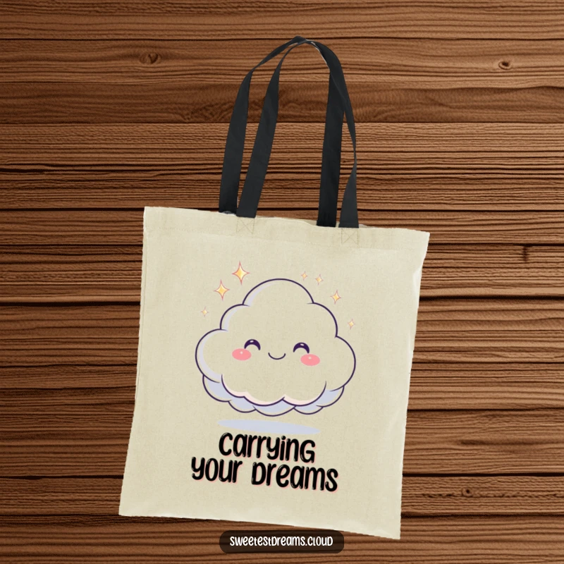 Funny tote bag with a smiling cloud character offering a sparkling dream, perfect for carrying dreams and daily essentials.