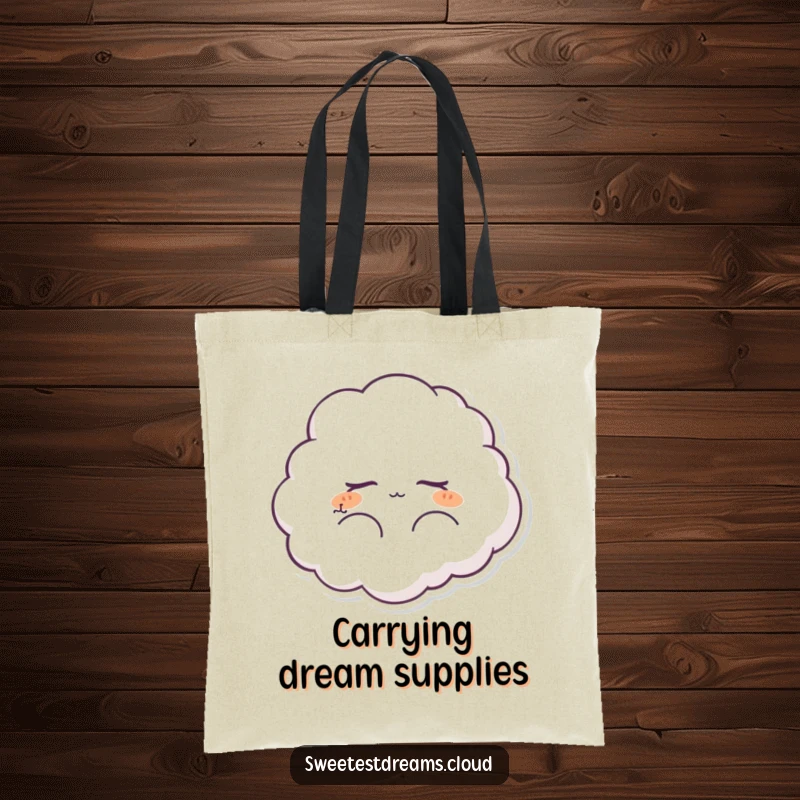 Funny fluffy cloud character tote bag, peacefully dreaming. A humorous and practical accessory for carrying essentials with grace.