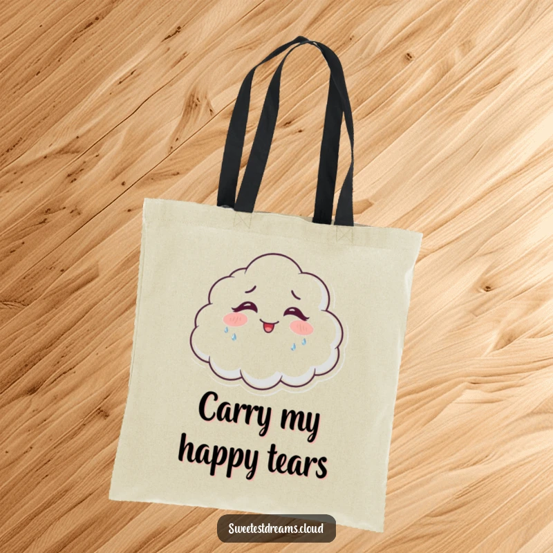 Funny giggling cloud tote bag with a happy cloud character shedding glittering tears of joy, perfect for everyday use.