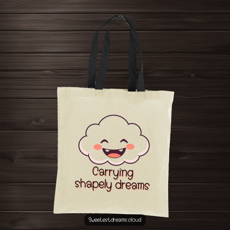 Funny Tote Bag with a grinning cloud character blowing whimsical shapes, perfect for carrying essentials with playful charm.
