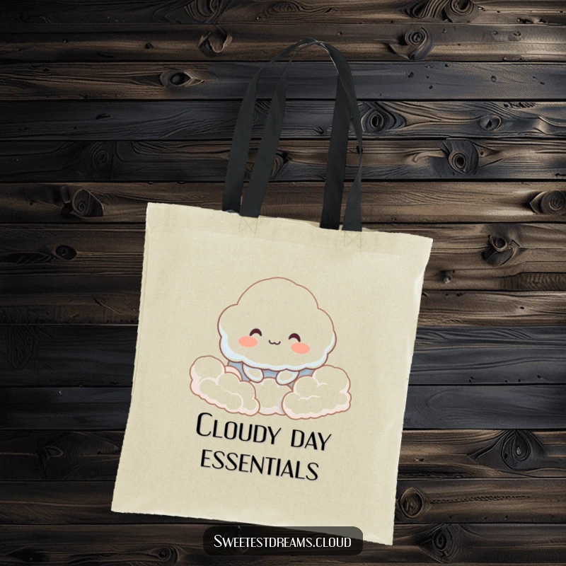 Funny tote bag with a content, smiling cloud character nestled in fluffy clouds, perfect for carrying daily items with joy.