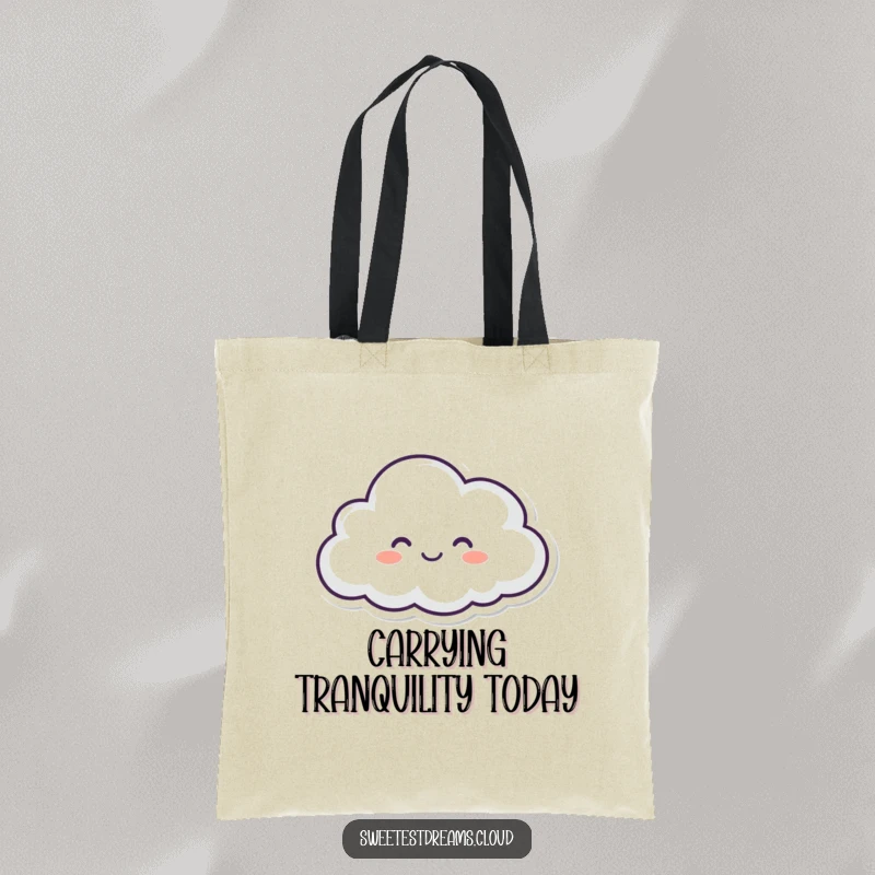 Funny tote bag with a happy, closed-eyed cloud character floating peacefully, great for everyday use and spreading smiles.