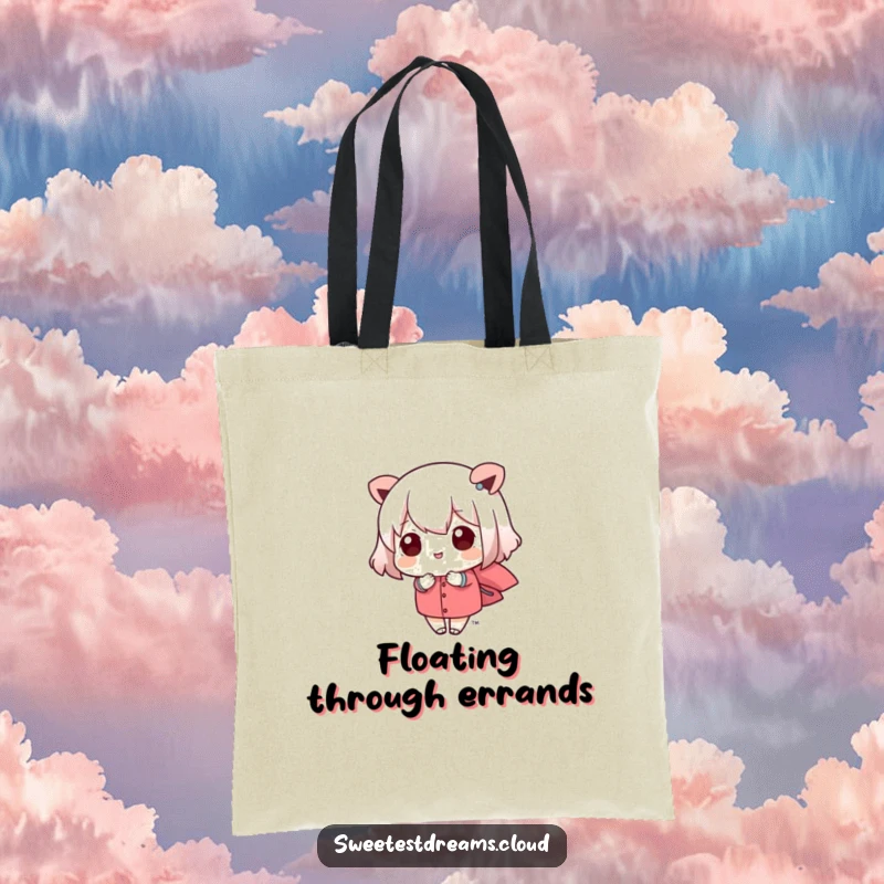 Funny kawaii character being carried by a gentle breeze, perfect for carrying daily essentials. This tote bag is a humorous gift.