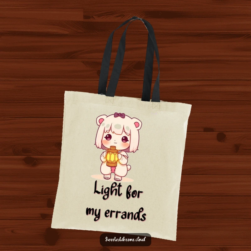 Funny kawaii character tote bag showing a cute character holding a small, glowing lantern, perfect for carrying essentials with flair.