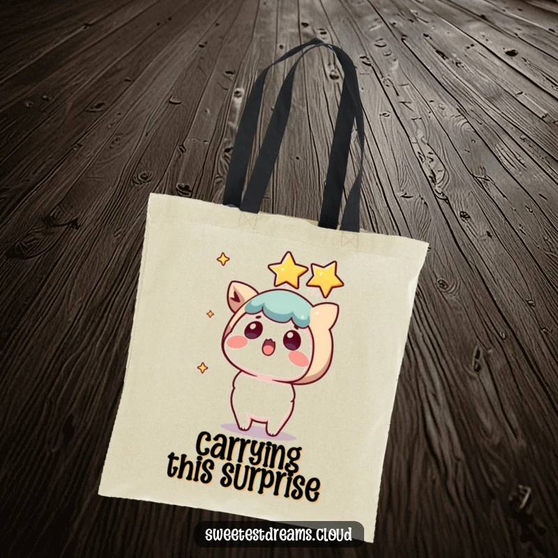 Funny kawaii character tote bag, surprised expression, a shooting star lands, practical and humorous accessory.
