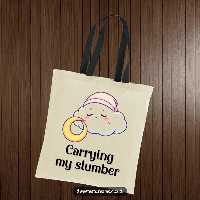 Funny Tote Bag with a sleepy cloud character nuzzling a crescent moon, perfect for carrying essentials with dreamy charm.