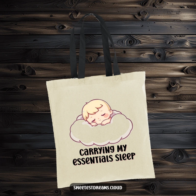 Funny Sleepy Character Tote Bag depicting a cozy scene of a character napping on a soft cloud, ideal for carrying items with humorous comfort.