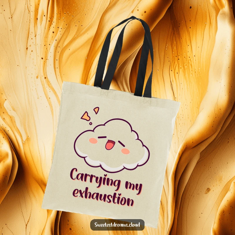 Funny cloud character yawning with a content, sleepy grin, on a humorous and practical tote bag.