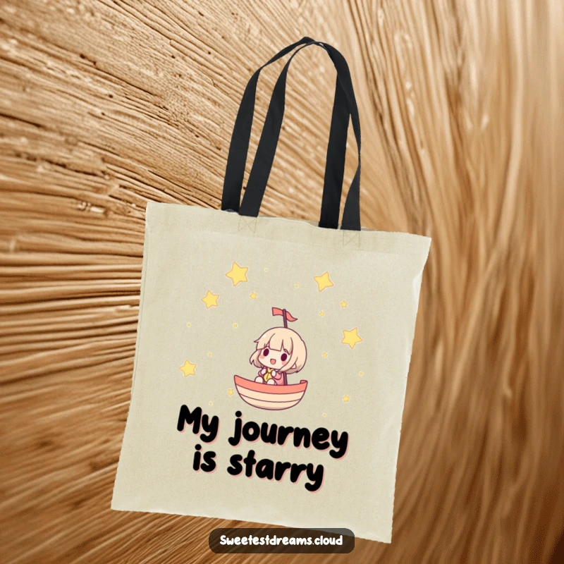 Funny tote bag featuring a character happily sailing a boat through a star-filled sky, perfect for celestial explorers.