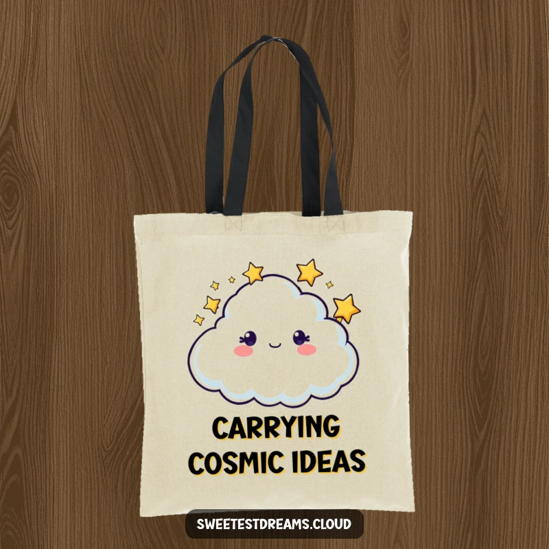 Funny cloud character with sparkling stars twinkling around its head, on a humorous and practical tote bag.