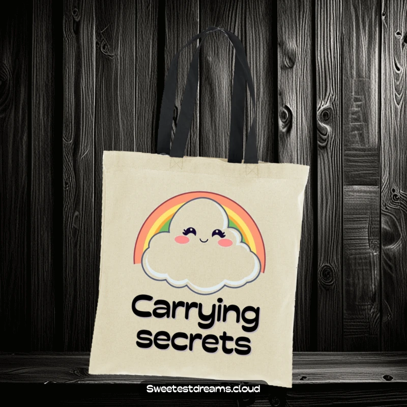 Funny tote bag with a cloud mischievously winking from behind a rainbow, perfect for carrying items with playful humor.