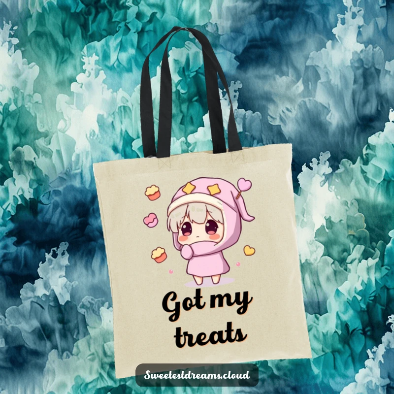 Funny Tote Bag featuring a character in a nightcap amazed by floating sweets, perfect for carrying essentials with a sweet theme.