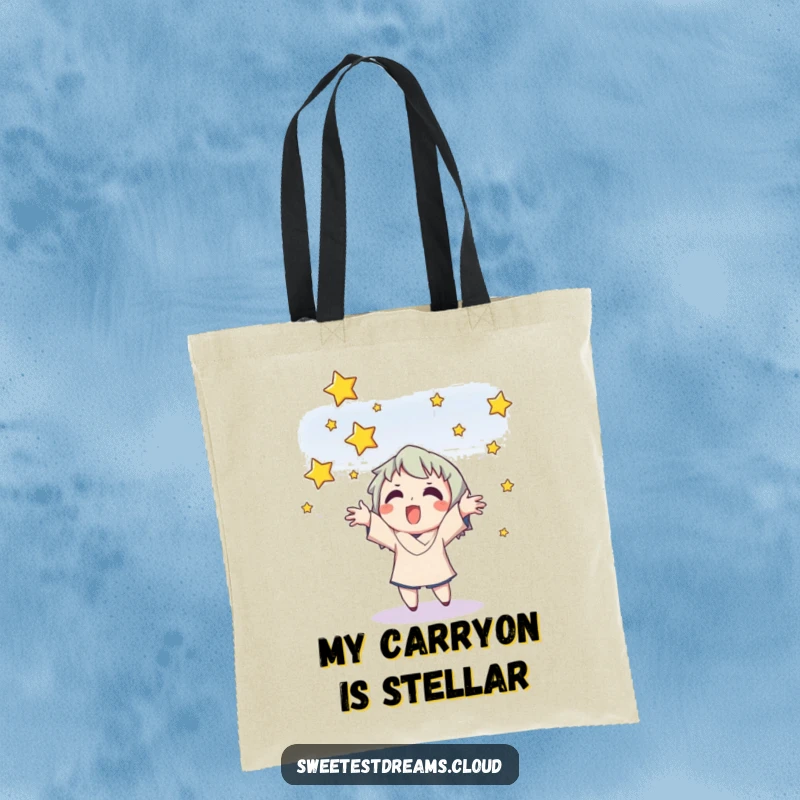 Funny tote bag illustration of a character happily catching falling stars, perfect for carrying cosmic inspiration.