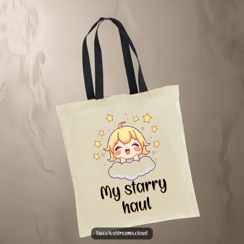 Funny Tote Bag: A character giggles while chasing stars around a cloud, perfect for carrying items with a touch of playful humor.