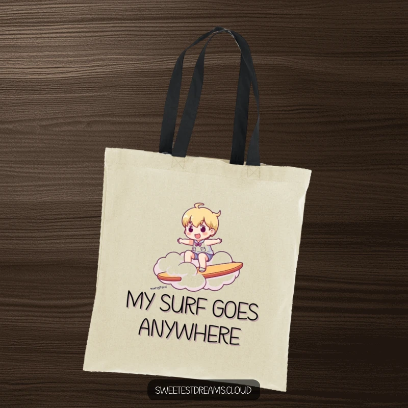 Funny tote bag featuring a character riding a cloud like a surfboard, perfect for carrying essentials and dreams.