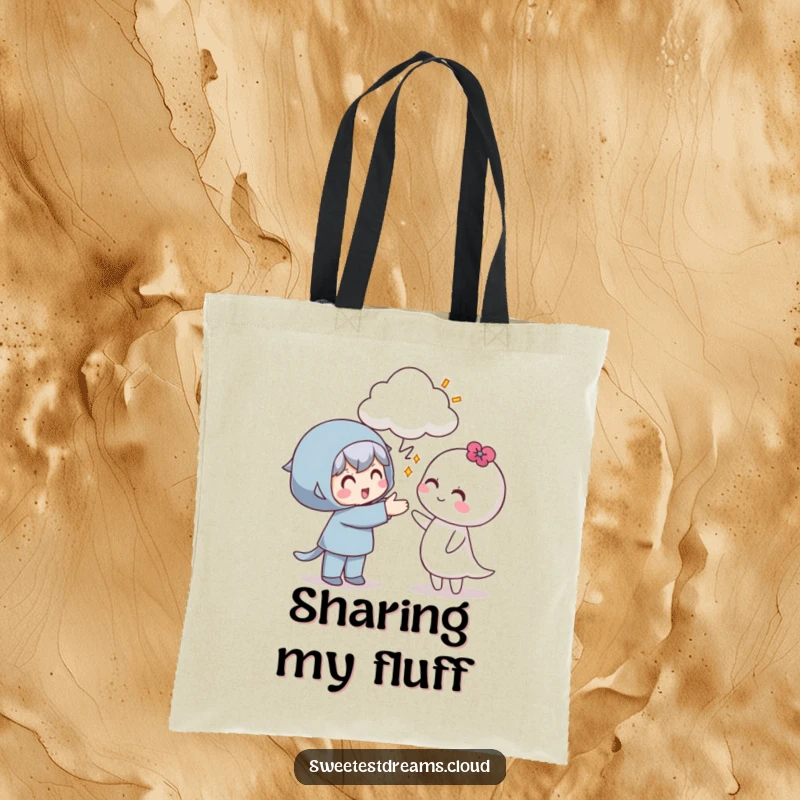 Funny tote bag featuring a character offering a cloud with a smile, symbolizing generosity and friendship.