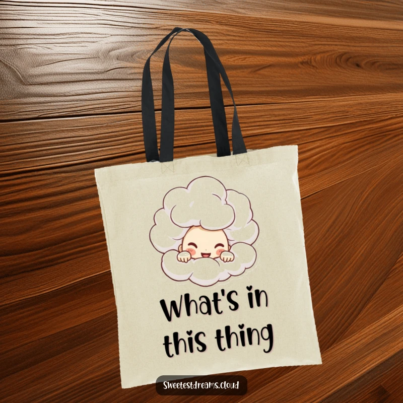 Funny Tote Bag showcasing a character peeking from a cloud with a mischievous grin, perfect for carrying everyday items.